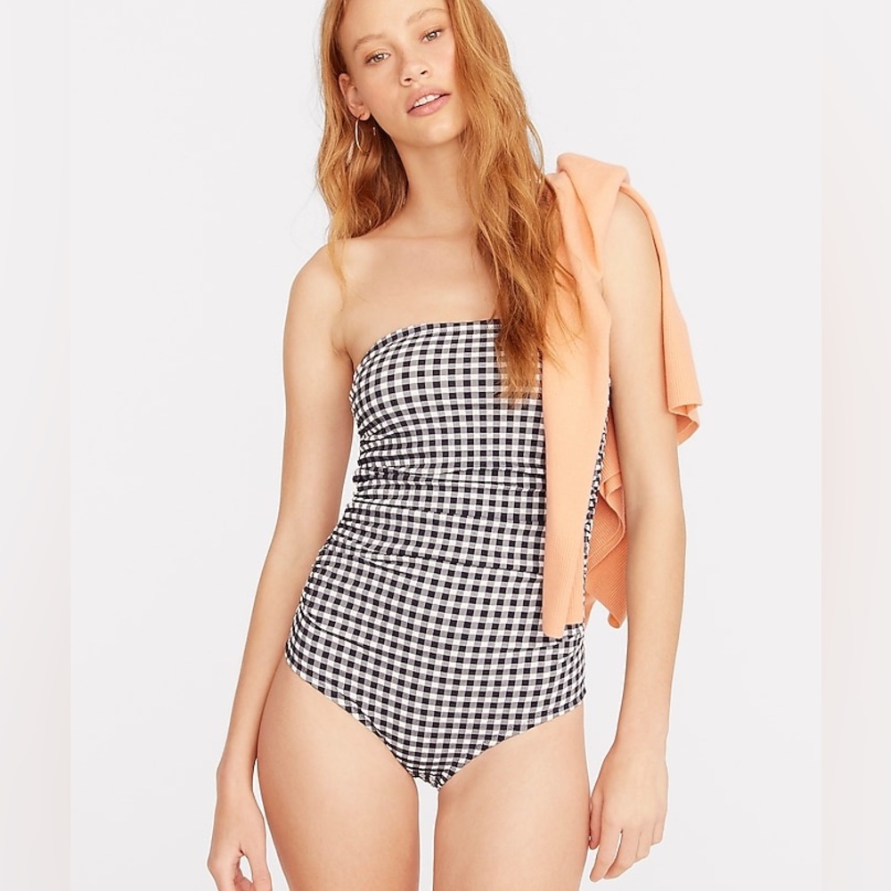 J Crew Gingham Ruched Bandeau One Piece Swim